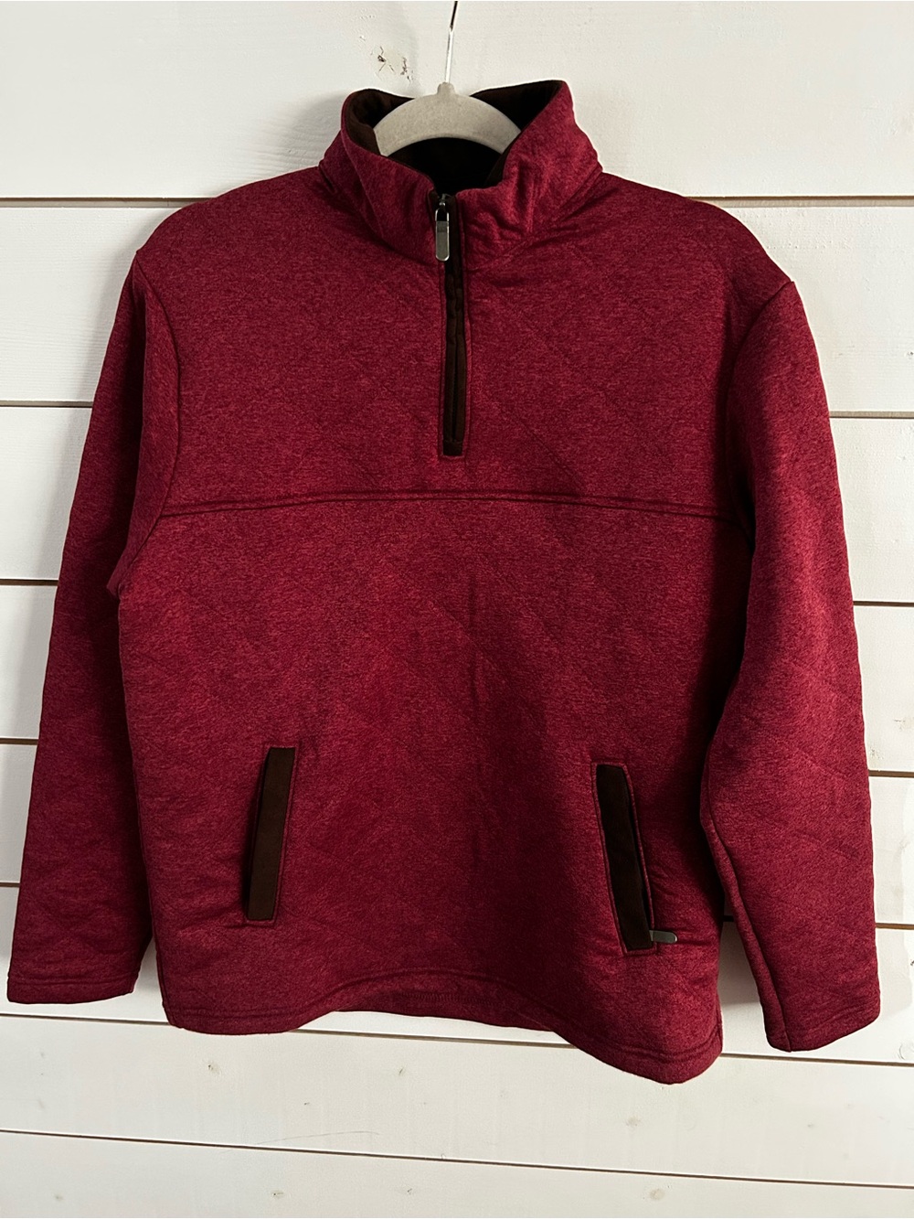 Cremieux Classic Men's Medium 1/4 Zip Burgundy Quilted Elbow Patches Zip Pockets